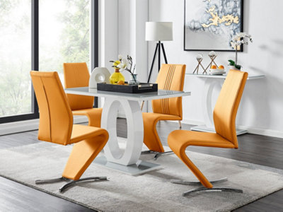 Furniturebox Giovani Rectangular 4 Seat White High Gloss Unique Halo Base Dining Table Grey Glass Top 4 Mustard Faux Leather Willow Chairs from B&Q