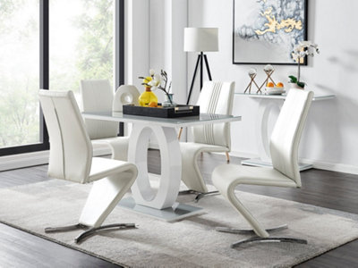 Furniturebox Giovani Rectangular 4 Seat White High Gloss Unique Halo Base Dining Table Grey Glass Top 4 White Faux Leather Willow Chairs from B&Q