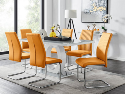 B&Q -  Giovani Rectangular 6 Seat White High Gloss Unique Halo Base Dining Table Grey Glass Top 6 Mustard Faux Leather Lorenzo Chairs