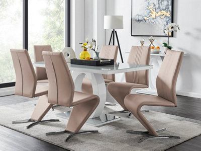 B&Q -  Giovani Rectangular 6 Seat White High Gloss Unique Halo Base Dining Table Grey Glass Top 6 Beige Faux Leather Willow Chairs