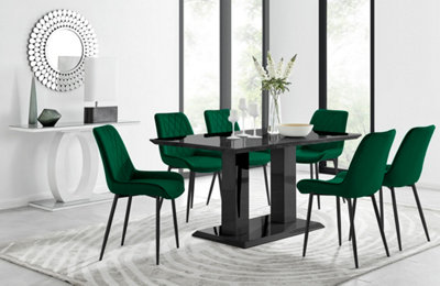 Furniturebox Imperia Black High Gloss 6 Seater Dining Table With Structural 2 Plinth Column Legs 6 Black Velvet Black Leg Pesaro Chairs from B&Q