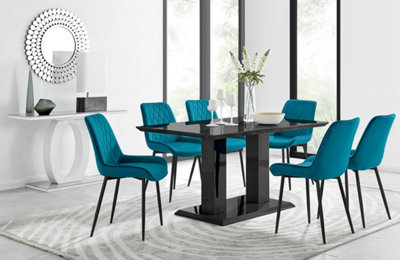 Furniturebox Imperia Black High Gloss 6 Seater Dining Table With Structural 2 Plinth Column Legs 6 Blue Velvet Black Leg Pesaro Chairs from B&Q