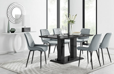 Furniturebox Imperia Black High Gloss 6 Seater Dining Table With Structural 2 Plinth Column Legs 6 Grey Velvet Black Leg Pesaro Chairs from B&Q