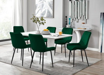 Furniturebox Imperia High Gloss 6 Seater Dining Table With Structural 2 Plinth Column Legs 6 Velvet Leg Pesaro Chairs White/Black