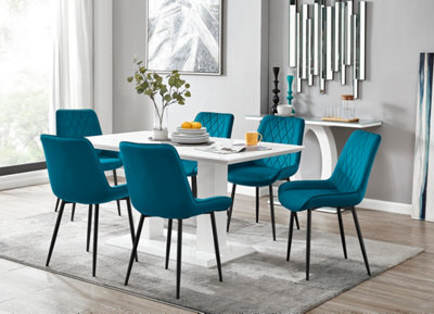 Furniturebox Imperia White High Gloss 6 Seater Dining Table With Structural 2 Plinth Column Legs 6 Blue Velvet Black Leg Pesaro Chairs from B&Q