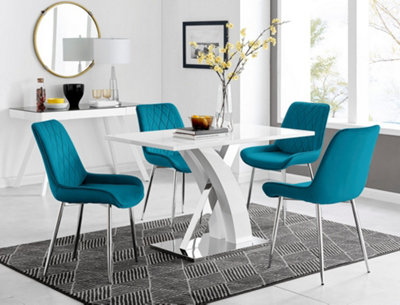 Furniturebox Atlanta High Gloss And Chrome 4 Seater Dining Table With Statement X Shaped Legs And 4 Velvet Pesaro Chairs White/Blue