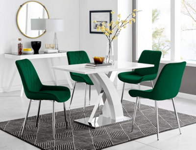 Furniturebox Atlanta High Gloss And Chrome 4 Seater Dining Table With Statement X Shaped Legs And 4 Velvet Pesaro Chairs White/Green