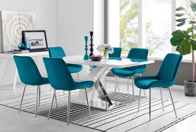 Furniturebox Atlanta High Gloss And Chrome 6 Seater Dining Table With Statement X Shaped Legs And 6 Velvet Pesaro Chairs White/Blue