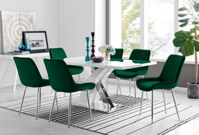 Furniturebox Atlanta High Gloss And Chrome 6 Seater Dining Table With Statement X Shaped Legs And 6 Velvet Pesaro Chairs White/Green