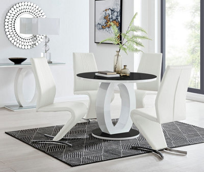 Furniturebox Giovani Round 4 Seat 100Cm White High Gloss Unique Halo Base Black Glass Top Dining Table 4 White Faux Leather Willow Chairs White/Black