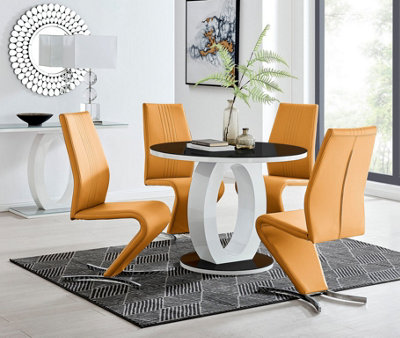 Furniturebox Giovani Round 4 Seat 100Cm White High Gloss Unique Halo Base Black Glass Top Dining Table 4 Mustard Faux Leather Willow Chairs White/Black