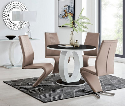 Furniturebox Giovani Round 4 Seat 100Cm White High Gloss Unique Halo Base Black Glass Top Dining Table 4 Beige Faux Leather Willow Chairs White/Black/Beige