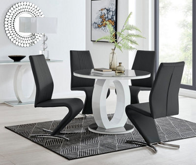 Furniturebox Giovani Round 4 Seat 100Cm White High Gloss Unique Halo Base Grey Glass Top Dining Table 4 Black Faux Leather Willow Chairs from B&Q