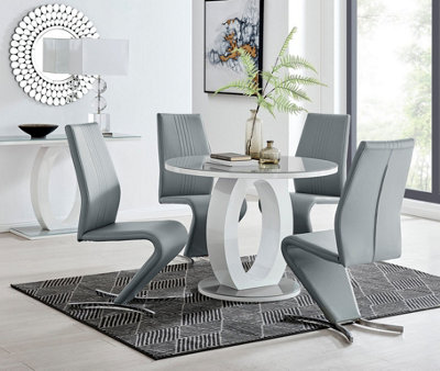 Furniturebox Giovani Round 4 Seat 100Cm White High Gloss Unique Halo Base Grey Glass Top Dining Table 4 Grey Faux Leather Willow Chairs from B&Q