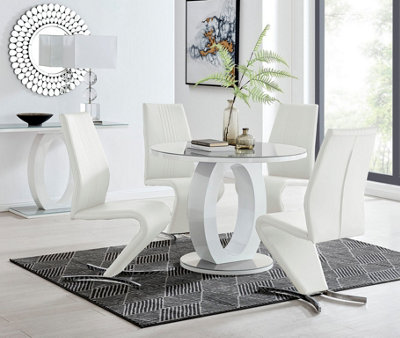 Furniturebox Giovani Round 4 Seat 100Cm White High Gloss Unique Halo Base Grey Glass Top Dining Table 4 White Faux Leather Willow Chairs from B&Q