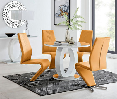 Furniturebox Giovani Round 4 Seat 100Cm White High Gloss Unique Halo Base Grey Glass Top Dining Table 4 Mustard Faux Leather Willow Chairs from B&Q