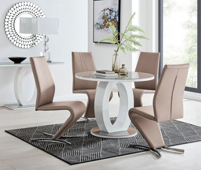 Furniturebox Giovani Round 4 Seat 100Cm White High Gloss Unique Halo Base Grey Glass Top Dining Table 4 Beige Faux Leather Willow Chairs from B&Q