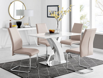 B&Q -  Atlanta White High Gloss And Chrome 4 Seater Dining Table With Statement X Shaped Legs And 4 Beige Faux Leather Lorenzo Chairs