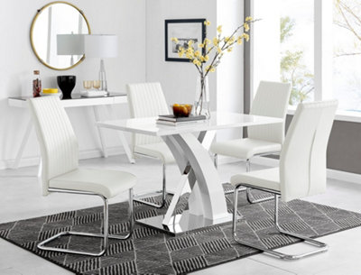 Furniturebox Atlanta High Gloss And Chrome 4 Seater Dining Table With Statement X Shaped Legs And 4 Faux Leather Lorenzo Chairs White