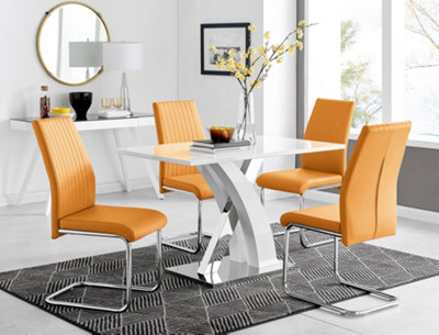 B&Q -  Atlanta White High Gloss And Chrome 4 Seater Dining Table With Statement X Shaped Legs And 4 Mustard Faux Leather Lorenzo Chairs