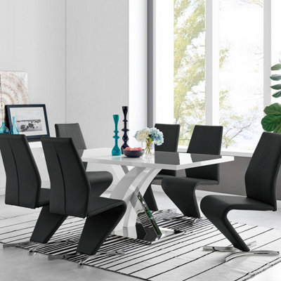 Furniturebox Uk Atlanta Modern Rectangle Chrome Metal High Gloss White Dining Table And 6 Black Willow Chairs Set from B&Q