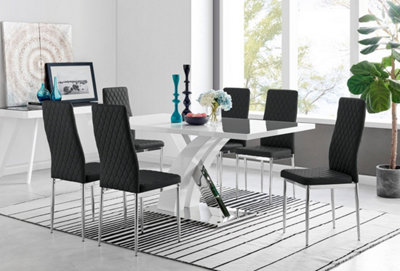 B&Q -  Atlanta White High Gloss And Chrome 6 Seater Dining Table With Statement X Shaped Legs And 6 Black Faux Leather Milan Chairs