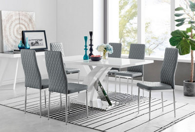 Furniturebox Atlanta High Gloss And Chrome 6 Seater Dining Table With Statement X Shaped Legs And 6 Faux Leather Milan Chairs White/Grey