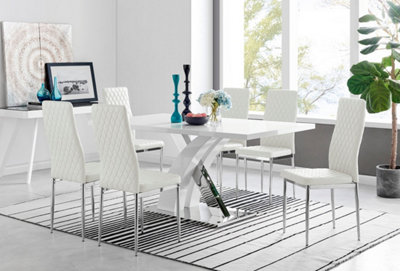 Furniturebox Atlanta High Gloss And Chrome 6 Seater Dining Table With Statement X Shaped Legs And 6 Faux Leather Milan Chairs White