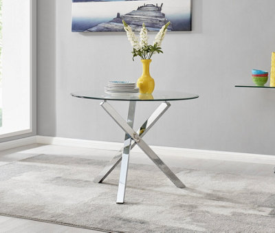 Furniturebox Silver Selina Tempered Glass And Chrome Round Dining Table With Square Crossed Legs