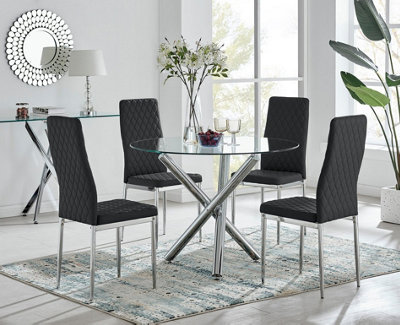B&Q -  Uk Selina Chrome Round Glass Dining Table And 4 Black Milan Dining Chairs