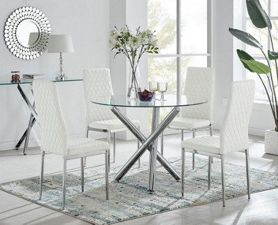 B&Q -  Uk Selina Chrome Round Glass Dining Table And 4 White Milan Dining Chairs