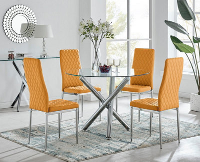 B&Q -  Uk Selina Chrome Round Glass Dining Table And 4 Mustard Milan Dining Chairs