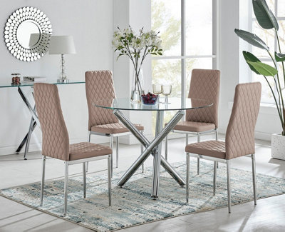 B&Q -  Uk Selina Chrome Round Glass Dining Table And 4 Cappuccino Beige Milan Dining Chairs