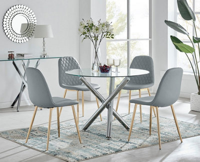 Furniturebox Uk Selina Round Dining Table And 4 Corona Leg Chairs Grey/Gold