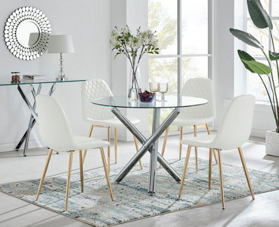 Furniturebox Uk Selina Round Dining Table And 4 Corona Leg Chairs White/Gold