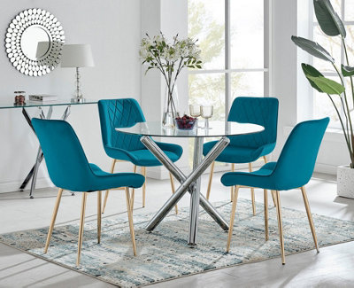 Furniturebox Uk Selina Round Dining Table And 4 Pesaro Leg Chairs Blue/Gold