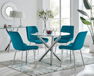 Furniturebox Uk Selina Round Dining Table And 4 Pesaro Leg Chairs Blue/Silver