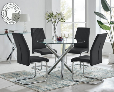B&Q -  Uk Selina Round Glass And Chrome Metal Dining Table And 4 Black Lorenzo Chairs Set