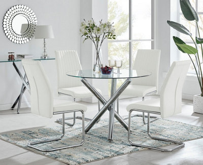 B&Q -  Uk Selina Round Glass And Chrome Metal Dining Table And 4 White Lorenzo Chairs Set