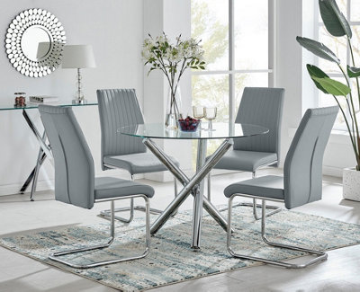 B&Q -  Uk Selina Round Glass And Chrome Metal Dining Table And 4 Elephant Grey Lorenzo Chairs Set