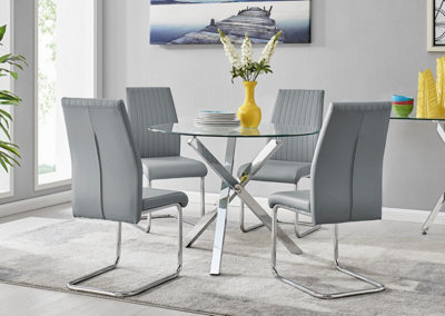 B&Q -  Uk Selina Chrome Round Square Leg Glass Dining Table And 4 Elephant Grey Lorenzo Chairs Set