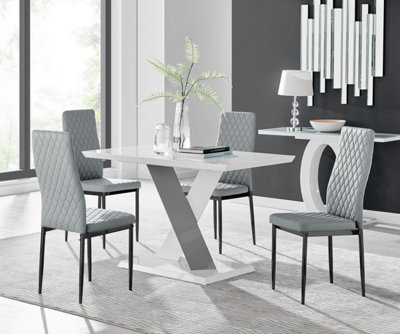 B&Q -  Uk Monza 4 White/grey Dining Table & 4 Grey Milan Black Leg Chairs