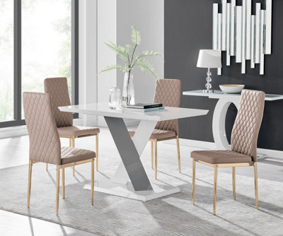 B&Q -  Uk Monza 4 White/grey Dining Table & 4 Cappuccino Gold Leg Milan Chairs
