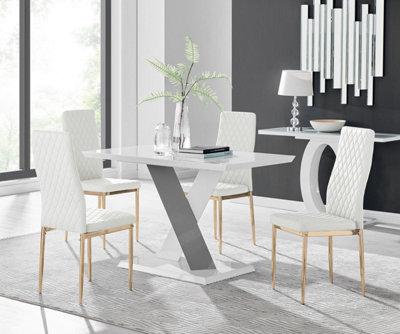 B&Q -  Uk Monza 4 White/grey Dining Table & 4 White Gold Leg Milan Chairs