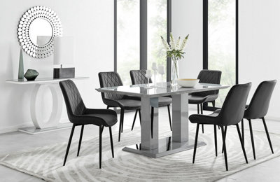 Furniturebox Imperia Grey High Gloss 6 Seater Dining Table With Structural 2 Plinth Column Legs 6 Black Velvet Black Leg Pesaro Chairs from B&Q