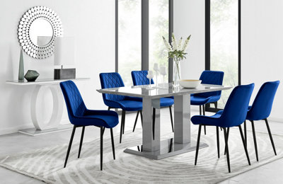B&Q -  Imperia Grey High Gloss 6 Seater Dining Table With Structural 2 Plinth Column Legs 6 Navy Velvet Black Leg Pesaro Chairs