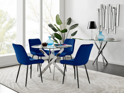 B&Q -  Uk Novara 100Cm Round Dining Table And 4 Navy Pesaro Black Leg Chairs