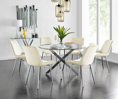 Furniturebox Cream/Silver Uk Novara Round Dining Table And 6 Pesaro Leg Chairs 120Cm
