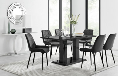Furniturebox Imperia Black High Gloss 6 Seater Dining Table With Structural 2 Plinth Column Legs 6 Black Velvet Black Leg Pesaro Chairs from B&Q