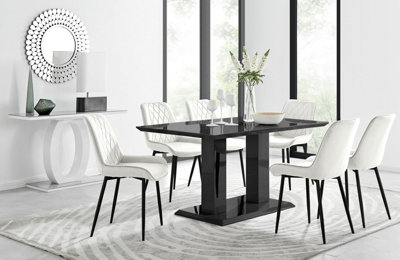 Furniturebox Imperia Black High Gloss 6 Seater Dining Table With Structural 2 Plinth Column Legs 6 Cream Velvet Black Leg Pesaro Chairs from B&Q